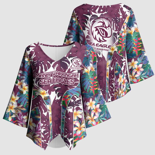 Manly Warringah Sea Eagles Kimono Sleeve Blouse Tropical Hibiscus Floral Pattern With Maroon And White Accents