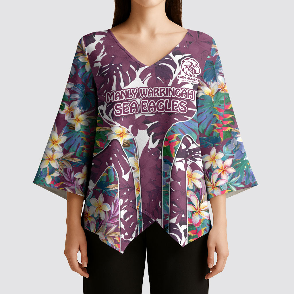 Manly Warringah Sea Eagles Kimono Sleeve Blouse Tropical Hibiscus Floral Pattern With Maroon And White Accents