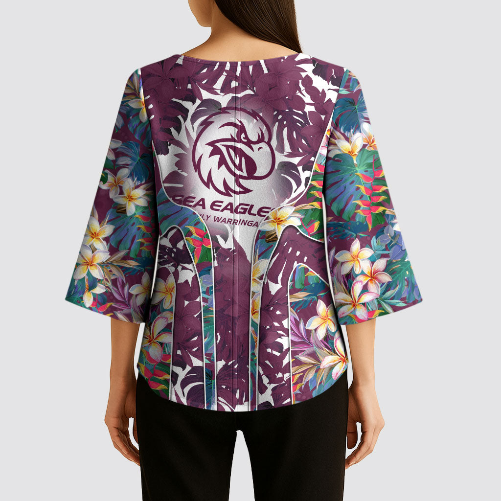 Manly Warringah Sea Eagles Kimono Sleeve Blouse Tropical Hibiscus Floral Pattern With Maroon And White Accents