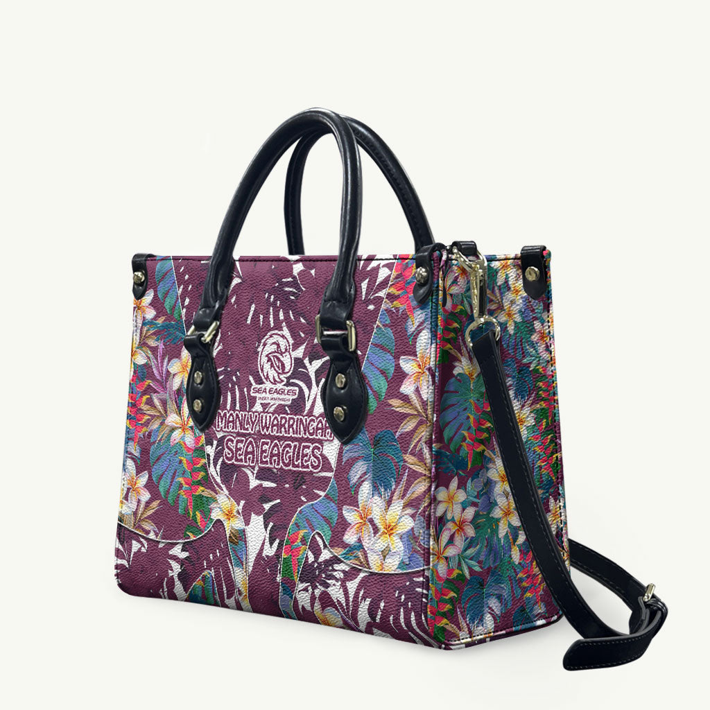 Manly Warringah Sea Eagles Leather Bag Tropical Hibiscus Floral Pattern With Maroon And White Accents