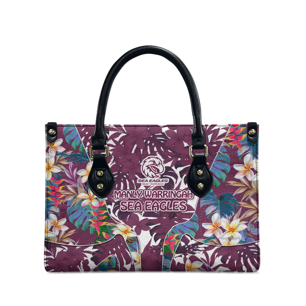 Manly Warringah Sea Eagles Leather Bag Tropical Hibiscus Floral Pattern With Maroon And White Accents