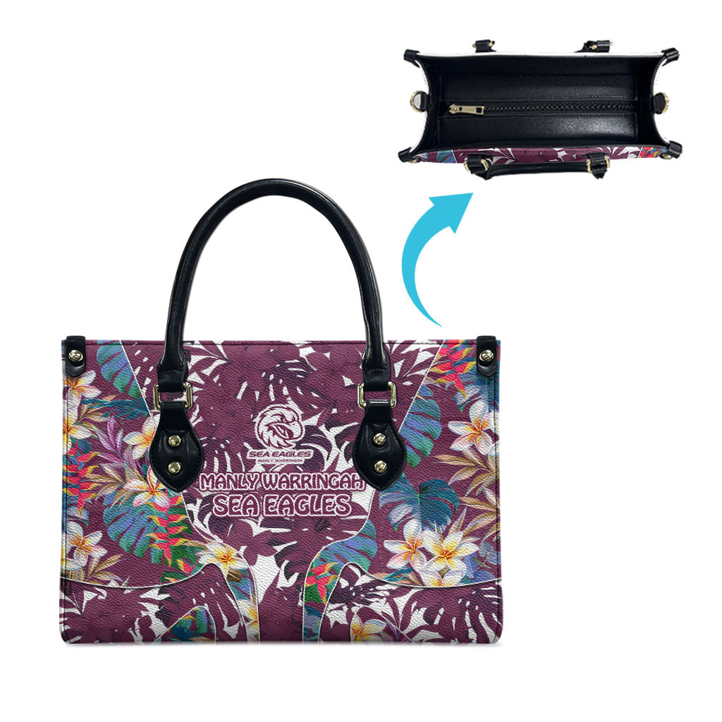 Manly Warringah Sea Eagles Leather Bag Tropical Hibiscus Floral Pattern With Maroon And White Accents