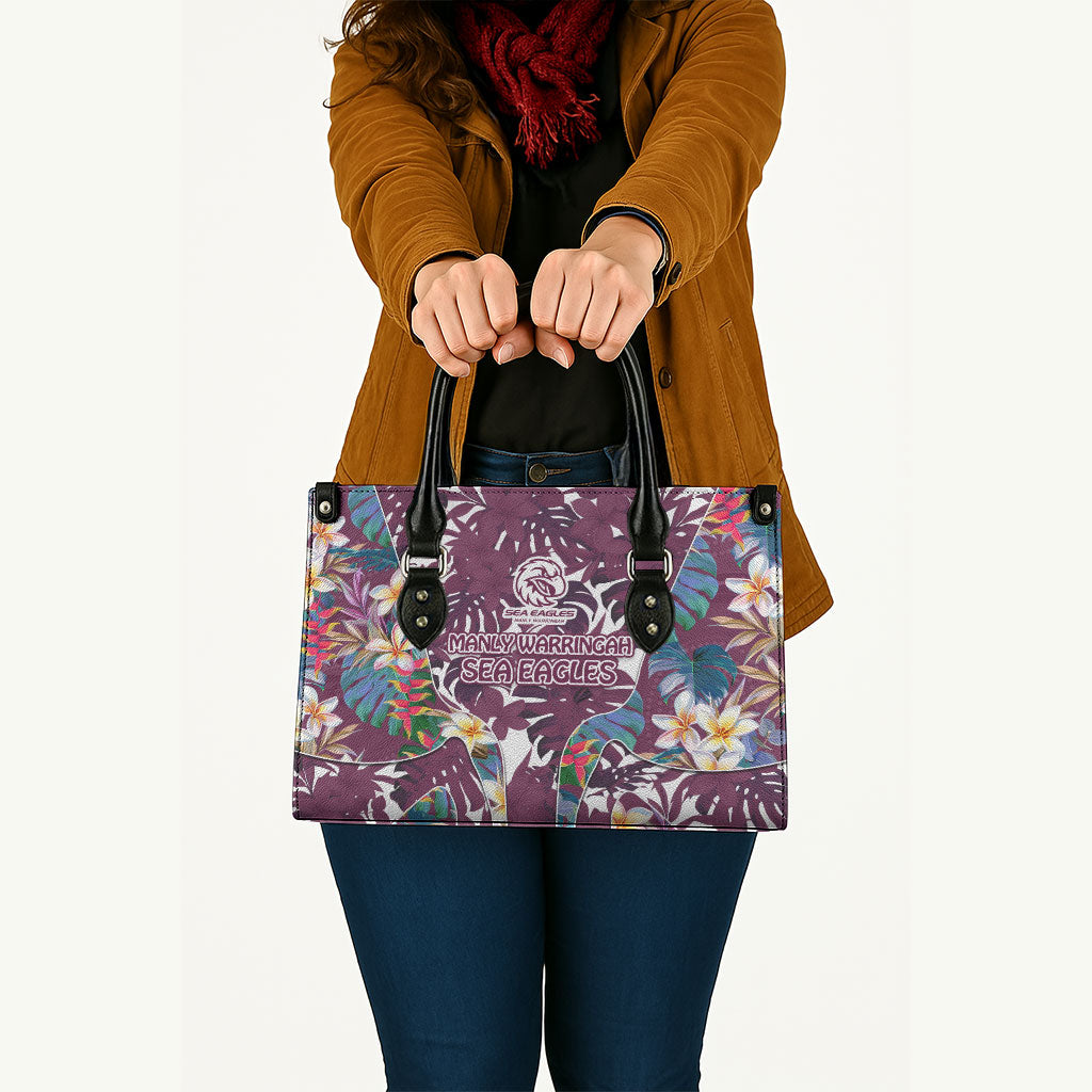 Manly Warringah Sea Eagles Leather Bag Tropical Hibiscus Floral Pattern With Maroon And White Accents