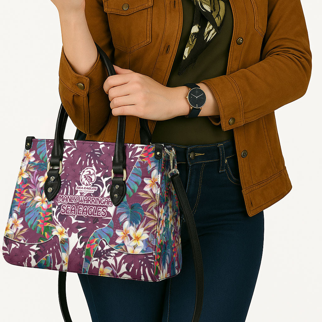 Manly Warringah Sea Eagles Leather Bag Tropical Hibiscus Floral Pattern With Maroon And White Accents