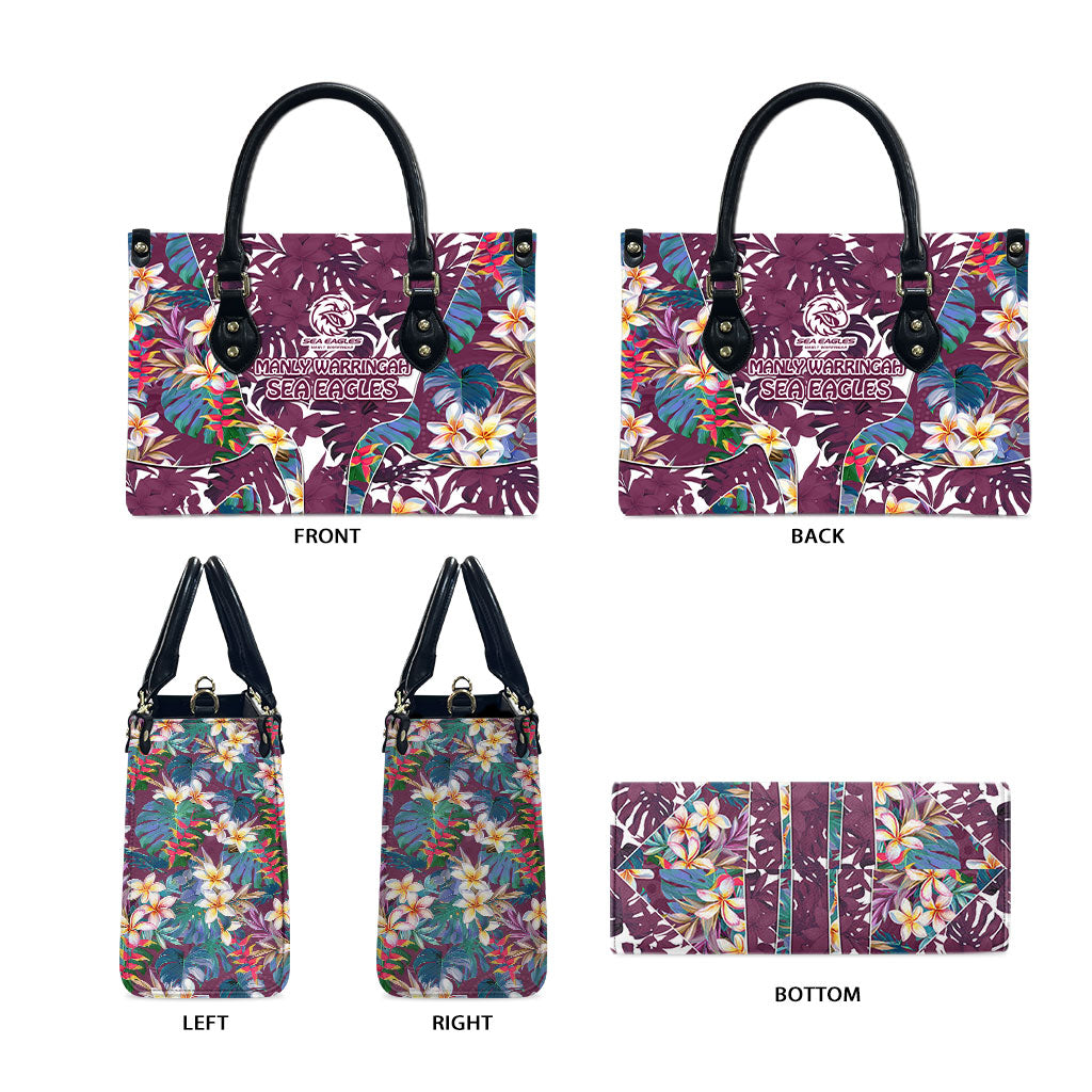 Manly Warringah Sea Eagles Leather Bag Tropical Hibiscus Floral Pattern With Maroon And White Accents