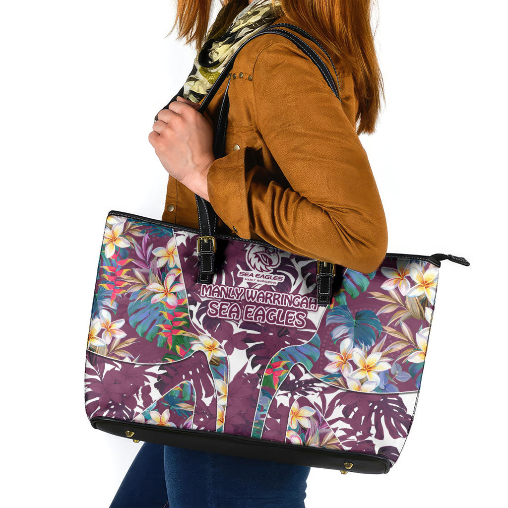 Manly Warringah Sea Eagles Leather Tote Bag Tropical Hibiscus Floral Pattern With Maroon And White Accents