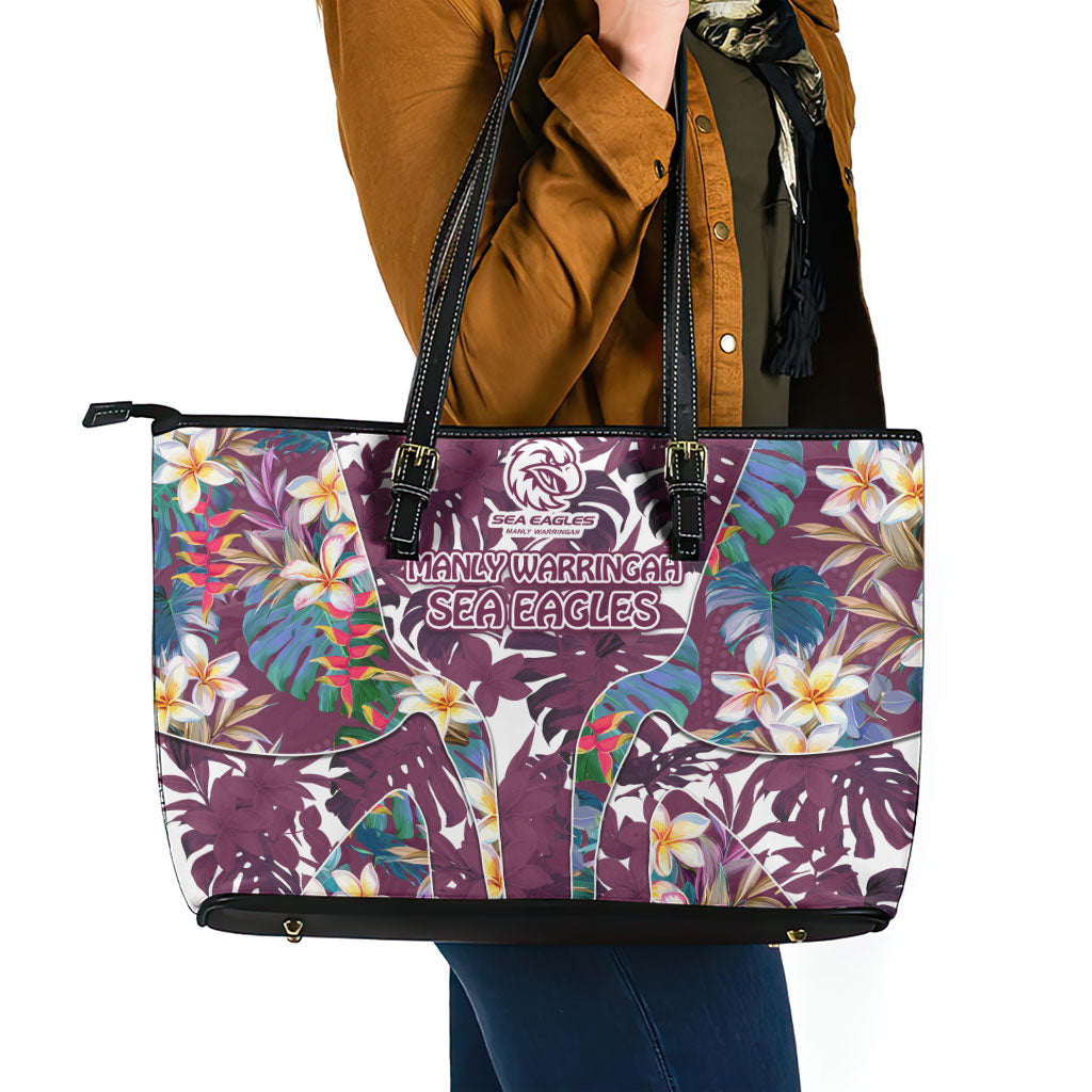 Manly Warringah Sea Eagles Leather Tote Bag Tropical Hibiscus Floral Pattern With Maroon And White Accents