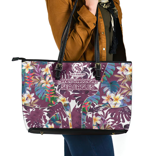 Manly Warringah Sea Eagles Leather Tote Bag Tropical Hibiscus Floral Pattern With Maroon And White Accents