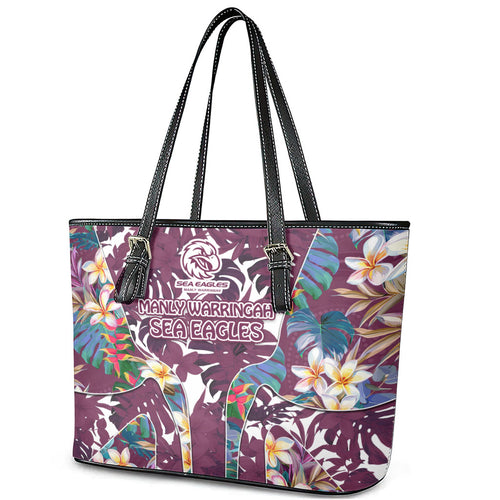 Manly Warringah Sea Eagles Leather Tote Bag Tropical Hibiscus Floral Pattern With Maroon And White Accents