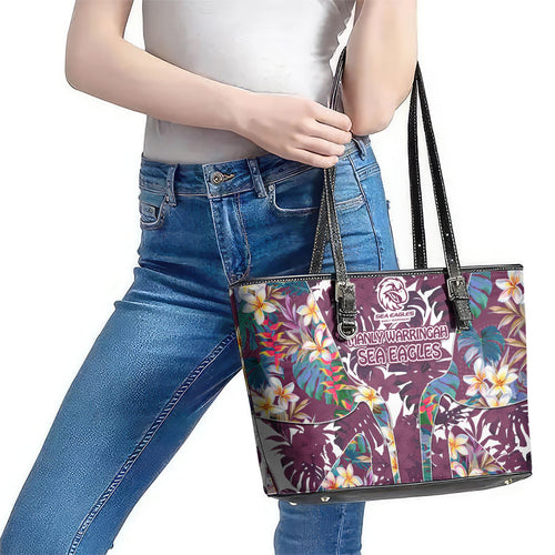 Manly Warringah Sea Eagles Leather Tote Bag Tropical Hibiscus Floral Pattern With Maroon And White Accents