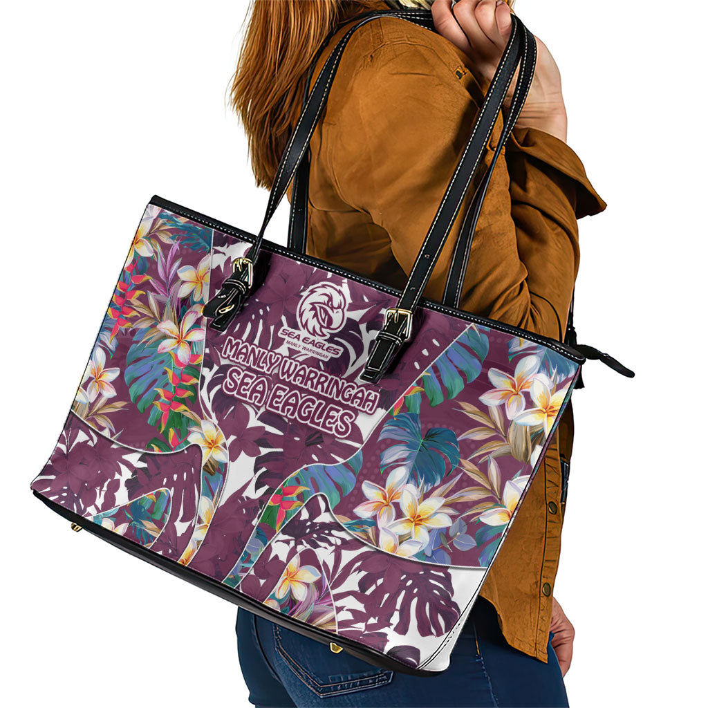 Manly Warringah Sea Eagles Leather Tote Bag Tropical Hibiscus Floral Pattern With Maroon And White Accents