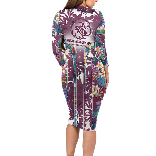 Manly Warringah Sea Eagles Long Sleeve Bodycon Dress Tropical Hibiscus Floral Pattern With Maroon And White Accents