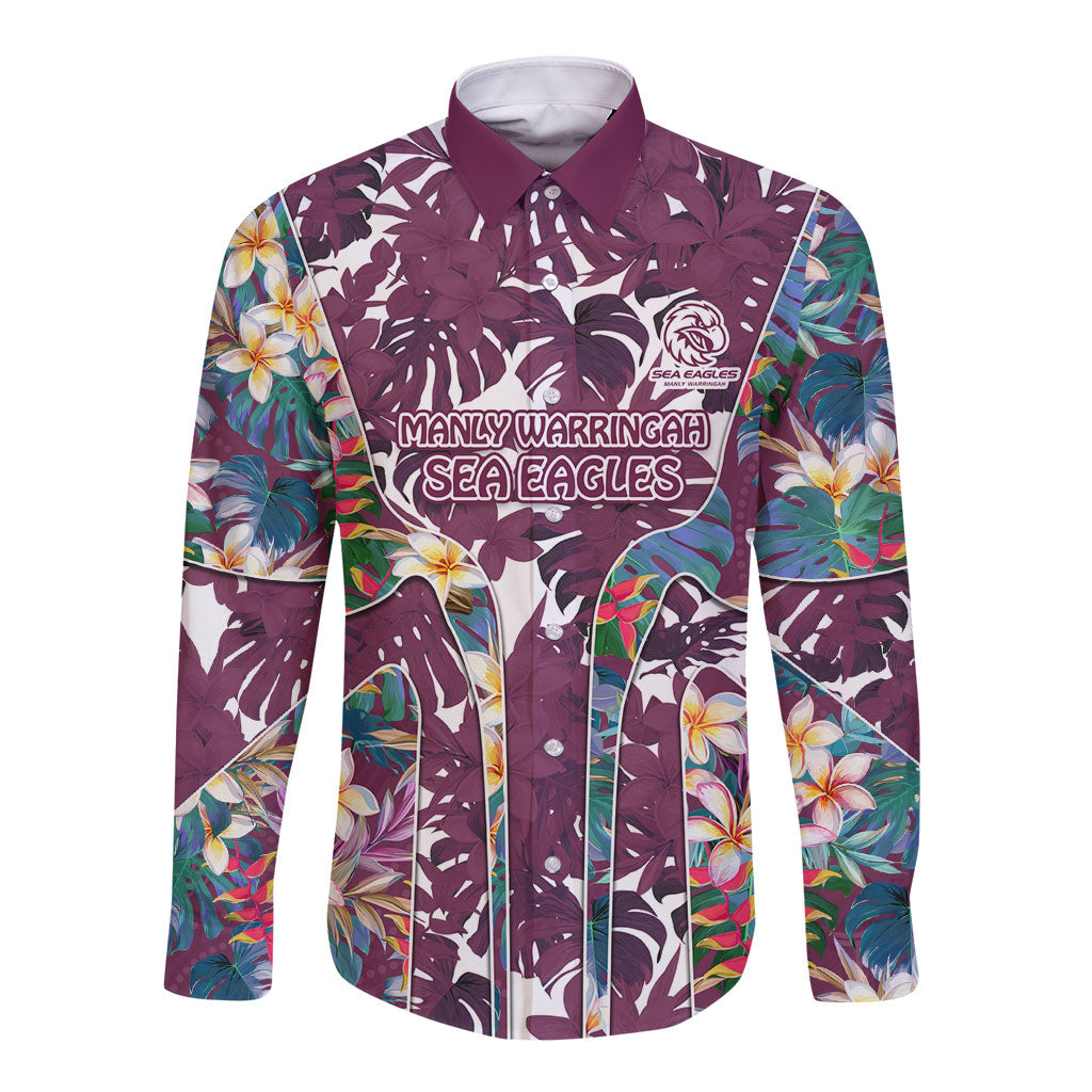 Manly Warringah Sea Eagles Long Sleeve Button Shirt Tropical Hibiscus Floral Pattern With Maroon And White Accents