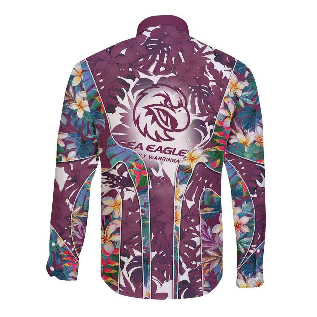 Manly Warringah Sea Eagles Long Sleeve Button Shirt Tropical Hibiscus Floral Pattern With Maroon And White Accents