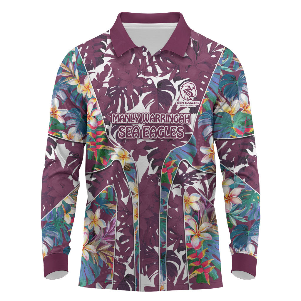 Manly Warringah Sea Eagles Long Sleeve Polo Shirt Tropical Hibiscus Floral Pattern With Maroon And White Accents