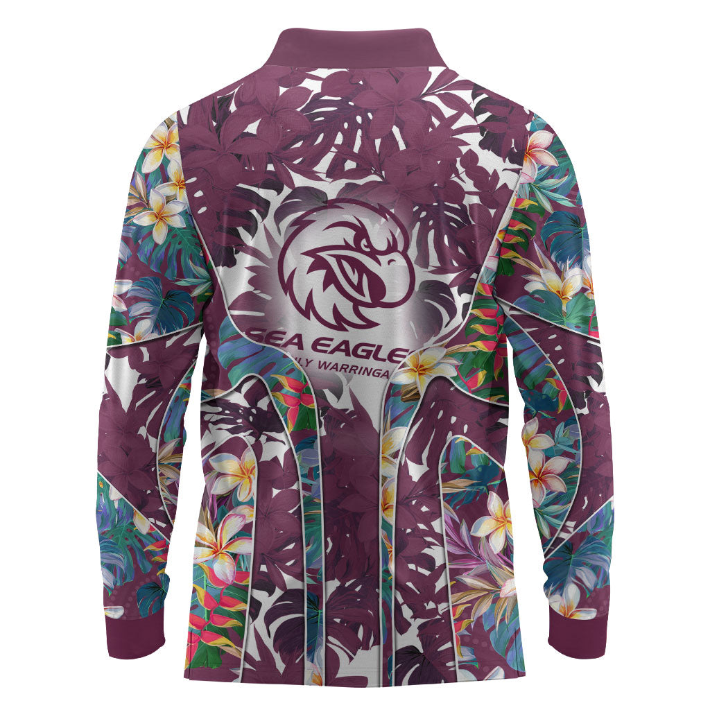 Manly Warringah Sea Eagles Long Sleeve Polo Shirt Tropical Hibiscus Floral Pattern With Maroon And White Accents