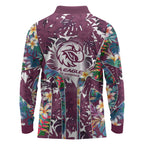 Manly Warringah Sea Eagles Long Sleeve Polo Shirt Tropical Hibiscus Floral Pattern With Maroon And White Accents