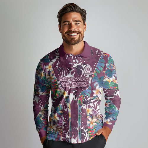 Manly Warringah Sea Eagles Long Sleeve Polo Shirt Tropical Hibiscus Floral Pattern With Maroon And White Accents