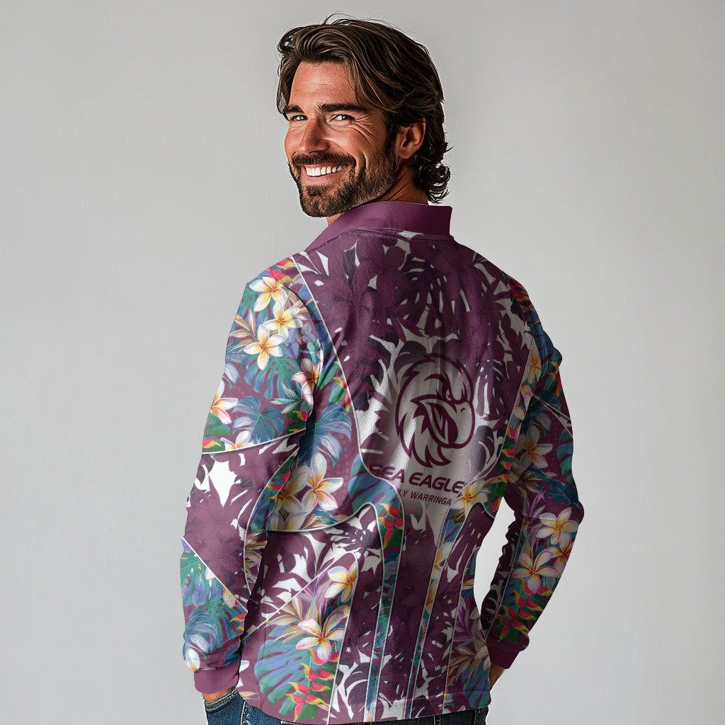 Manly Warringah Sea Eagles Long Sleeve Polo Shirt Tropical Hibiscus Floral Pattern With Maroon And White Accents