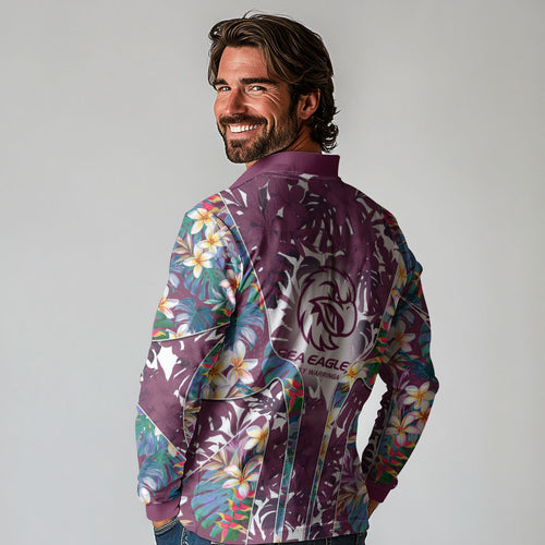 Manly Warringah Sea Eagles Long Sleeve Polo Shirt Tropical Hibiscus Floral Pattern With Maroon And White Accents
