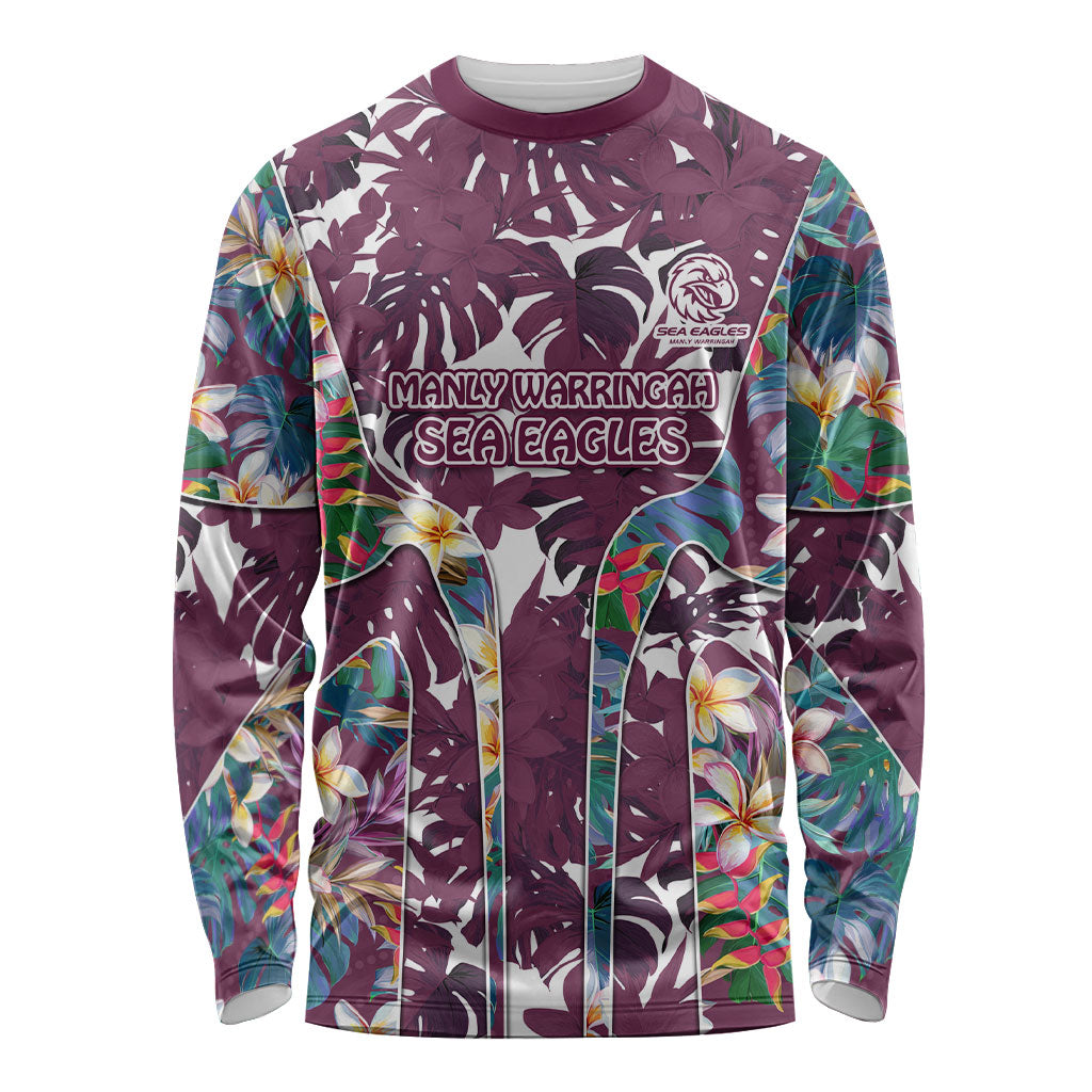 Manly Warringah Sea Eagles Long Sleeve Shirt Tropical Hibiscus Floral Pattern With Maroon And White Accents