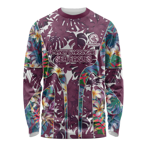 Manly Warringah Sea Eagles Long Sleeve Shirt Tropical Hibiscus Floral Pattern With Maroon And White Accents