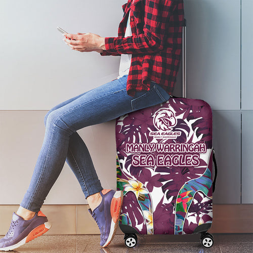 Manly Warringah Sea Eagles Luggage Cover Tropical Hibiscus Floral Pattern With Maroon And White Accents