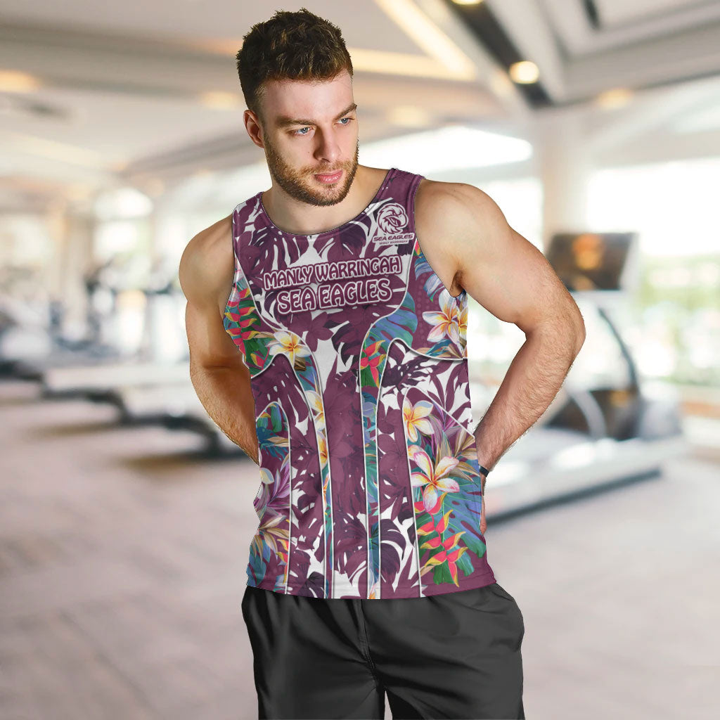 Manly Warringah Sea Eagles Men Tank Top Tropical Hibiscus Floral Pattern With Maroon And White Accents