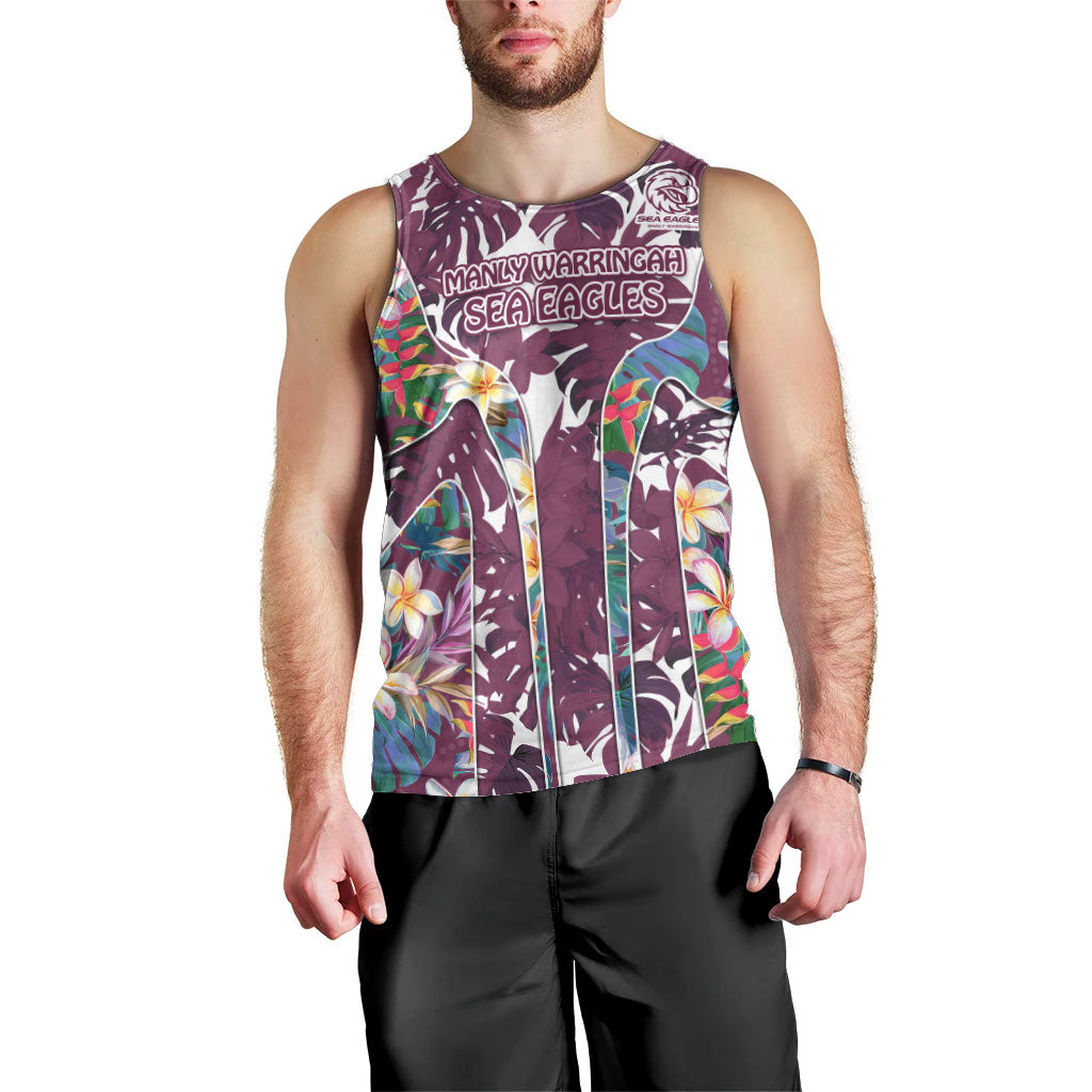 Manly Warringah Sea Eagles Men Tank Top Tropical Hibiscus Floral Pattern With Maroon And White Accents