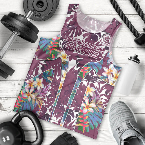 Manly Warringah Sea Eagles Men Tank Top Tropical Hibiscus Floral Pattern With Maroon And White Accents