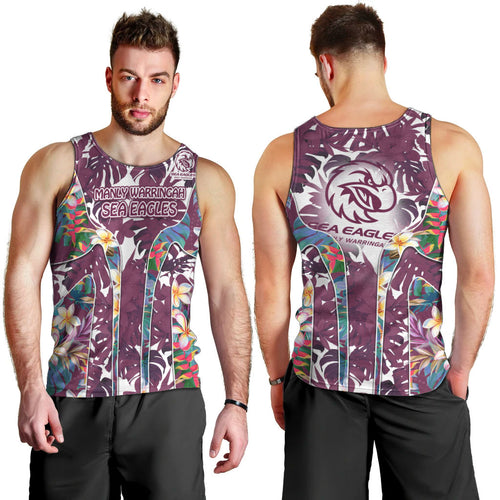 Manly Warringah Sea Eagles Men Tank Top Tropical Hibiscus Floral Pattern With Maroon And White Accents