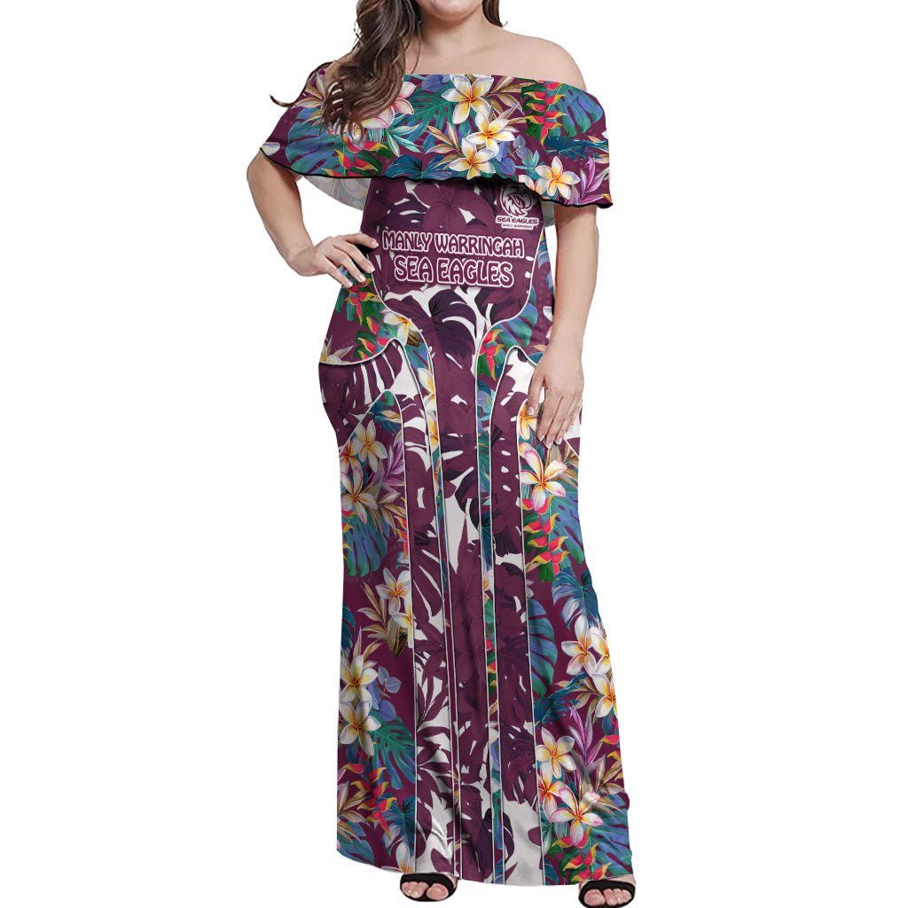 Manly Warringah Sea Eagles Off Shoulder Maxi Dress Tropical Hibiscus Floral Pattern With Maroon And White Accents
