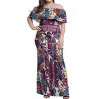 Manly Warringah Sea Eagles Off Shoulder Maxi Dress Tropical Hibiscus Floral Pattern With Maroon And White Accents