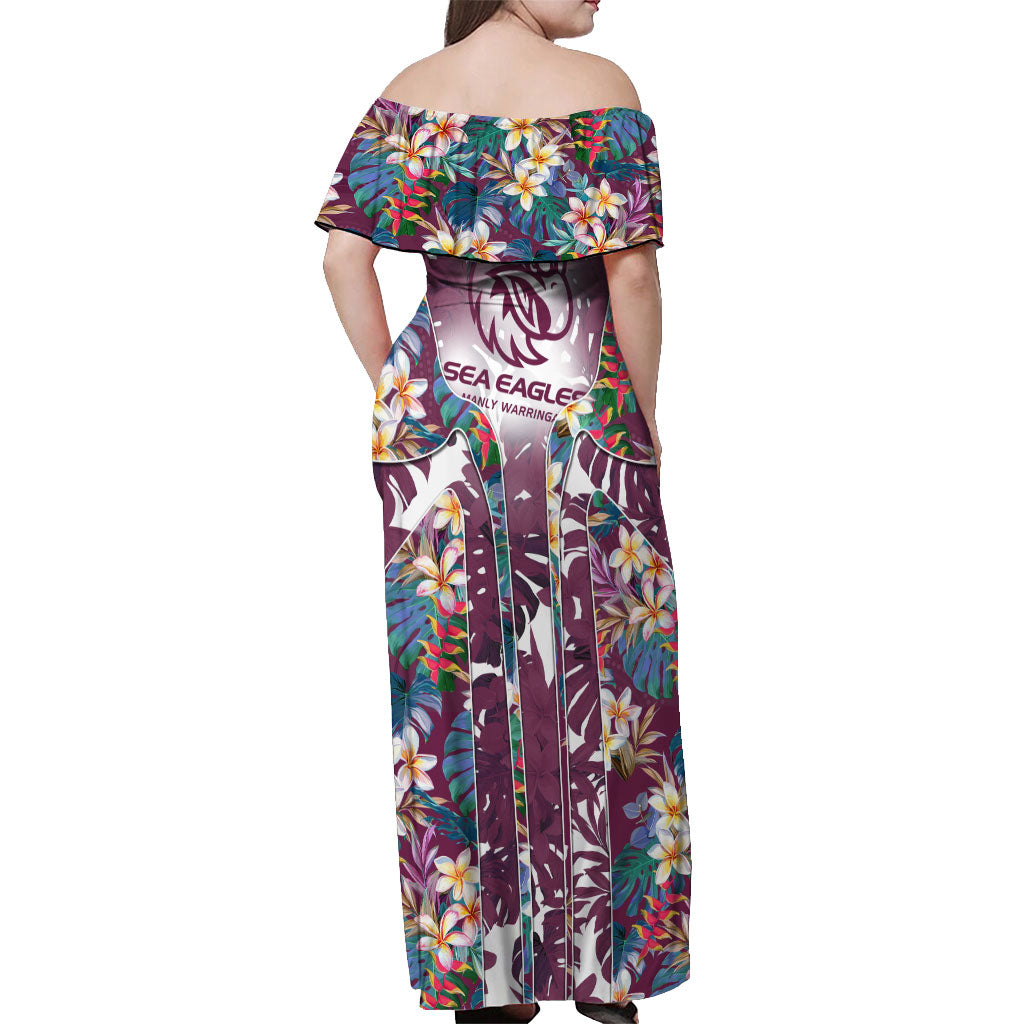 Manly Warringah Sea Eagles Off Shoulder Maxi Dress Tropical Hibiscus Floral Pattern With Maroon And White Accents