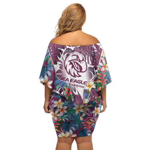 Manly Warringah Sea Eagles Off Shoulder Short Dress Tropical Hibiscus Floral Pattern With Maroon And White Accents