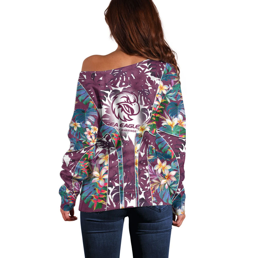 Manly Warringah Sea Eagles Off Shoulder Sweater Tropical Hibiscus Floral Pattern With Maroon And White Accents