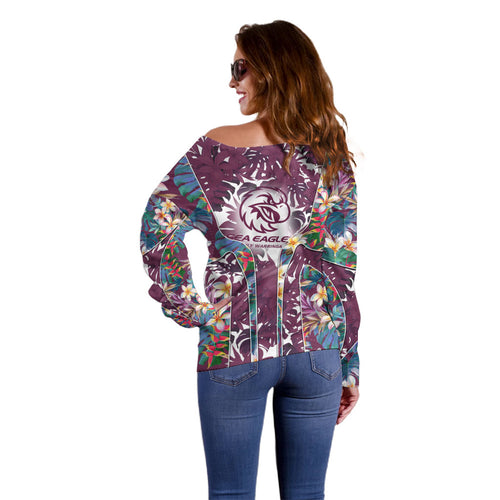 Manly Warringah Sea Eagles Off Shoulder Sweater Tropical Hibiscus Floral Pattern With Maroon And White Accents