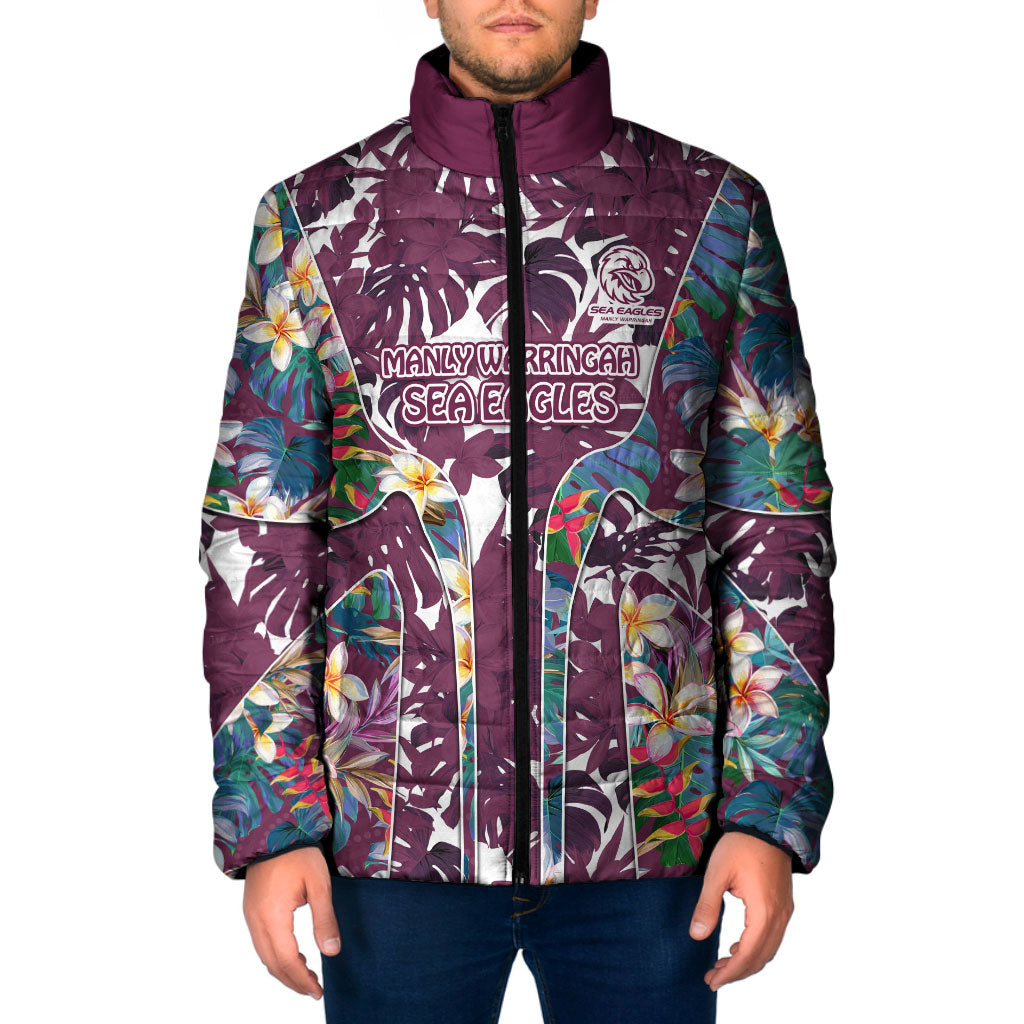 Manly Warringah Sea Eagles Padded Jacket Tropical Hibiscus Floral Pattern With Maroon And White Accents