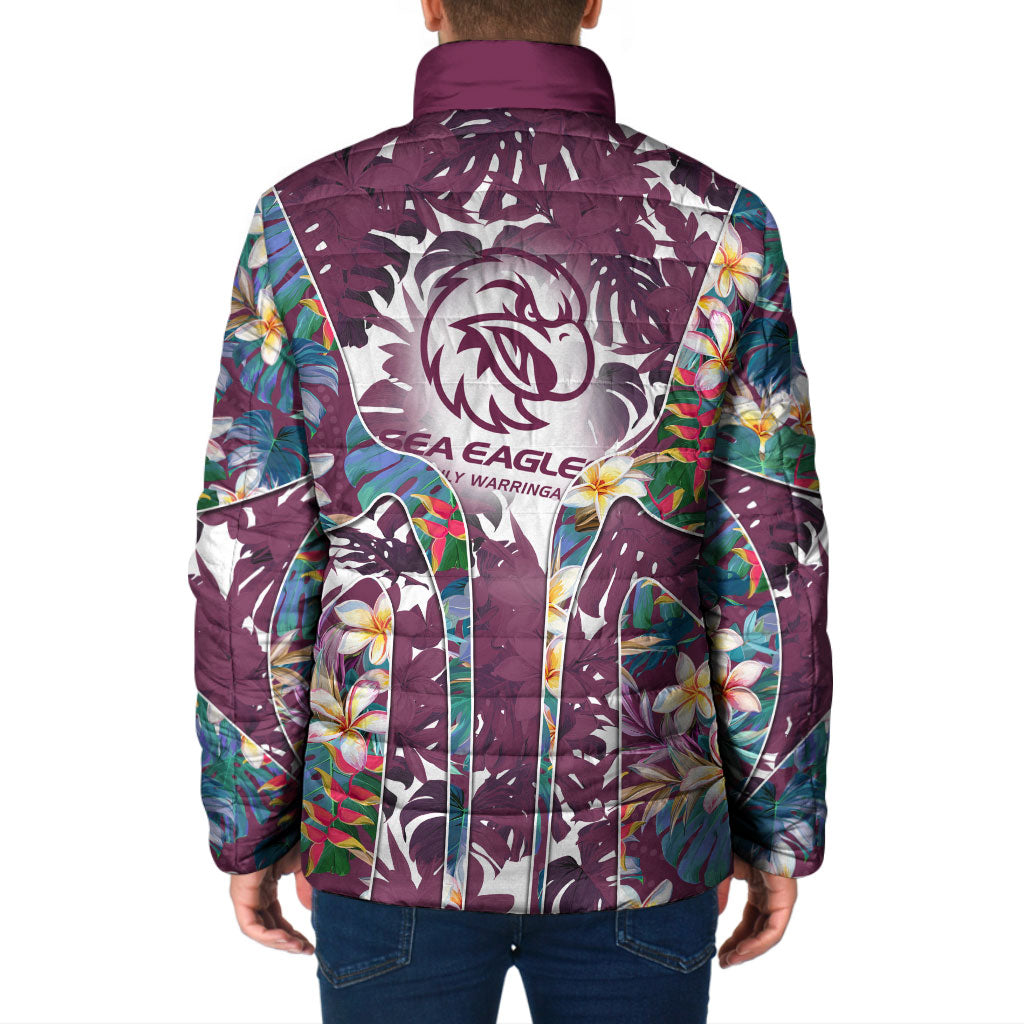 Manly Warringah Sea Eagles Padded Jacket Tropical Hibiscus Floral Pattern With Maroon And White Accents