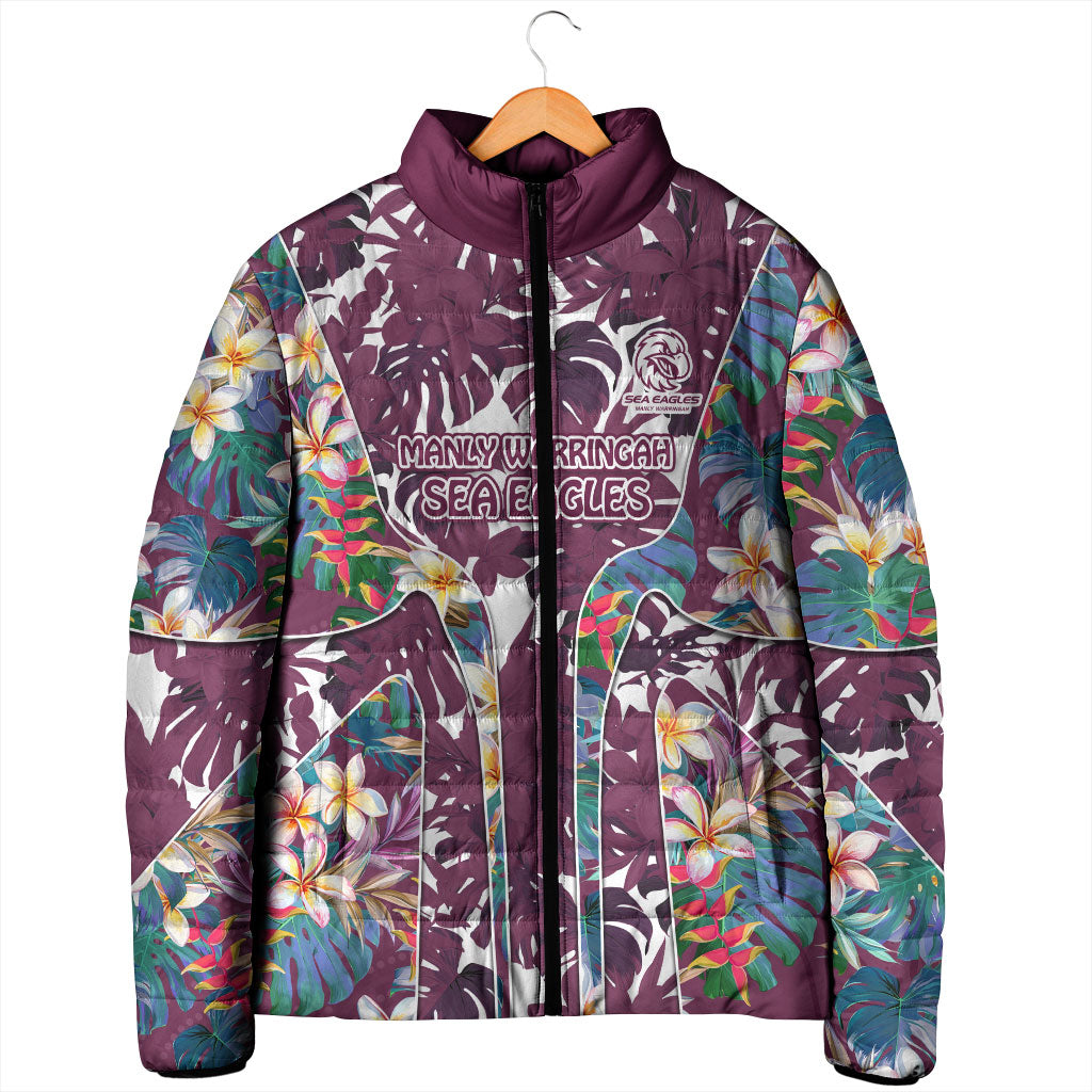 Manly Warringah Sea Eagles Padded Jacket Tropical Hibiscus Floral Pattern With Maroon And White Accents