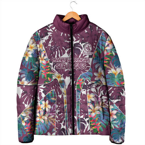 Manly Warringah Sea Eagles Padded Jacket Tropical Hibiscus Floral Pattern With Maroon And White Accents