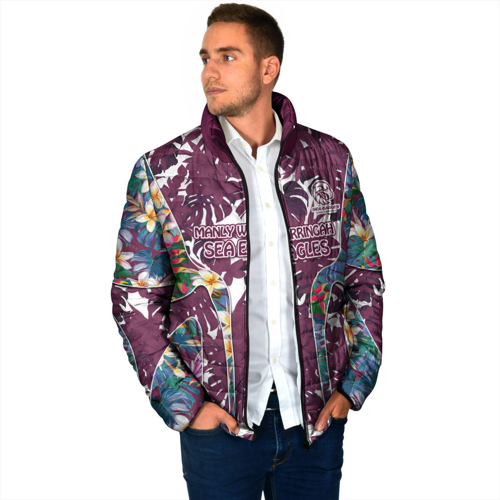 Manly Warringah Sea Eagles Padded Jacket Tropical Hibiscus Floral Pattern With Maroon And White Accents