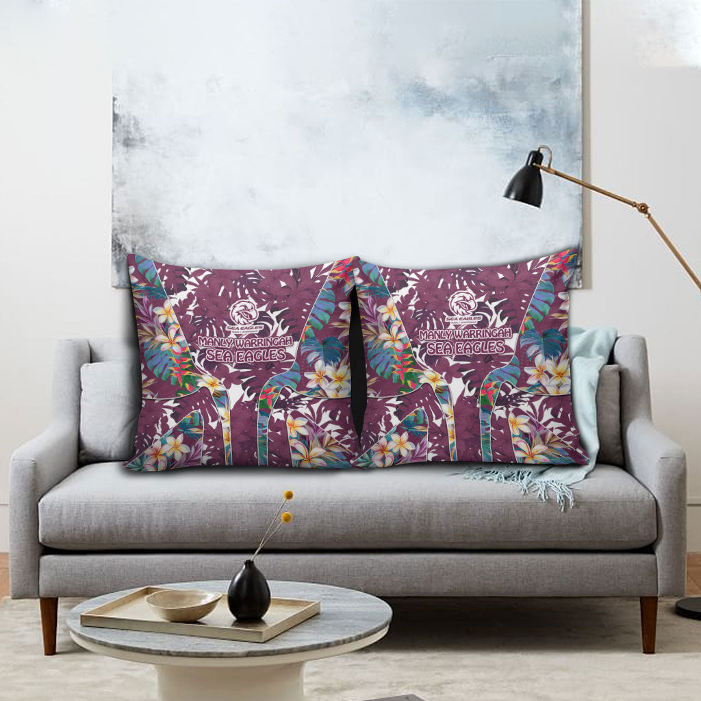 Manly Warringah Sea Eagles Pillow Cover Tropical Hibiscus Floral Pattern With Maroon And White Accents