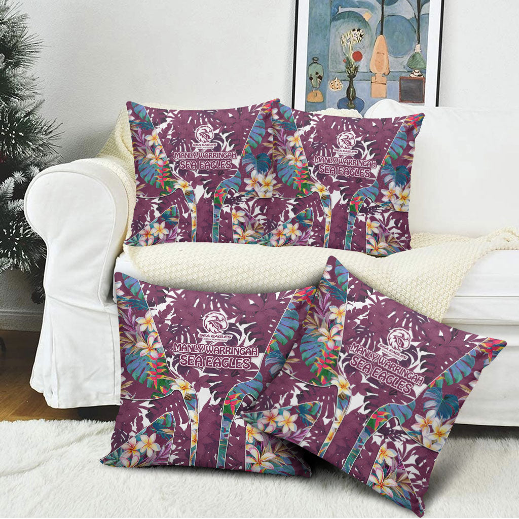 Manly Warringah Sea Eagles Pillow Cover Tropical Hibiscus Floral Pattern With Maroon And White Accents