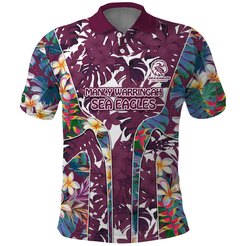 Manly Warringah Sea Eagles Polo Shirt Tropical Hibiscus Floral Pattern With Maroon And White Accents