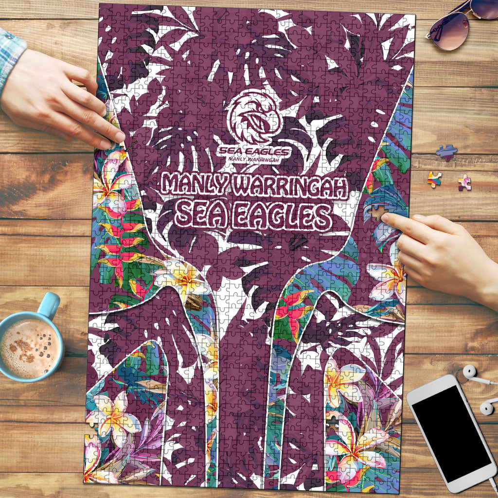 Manly Warringah Sea Eagles Puzzle Tropical Hibiscus Floral Pattern With Maroon And White Accents