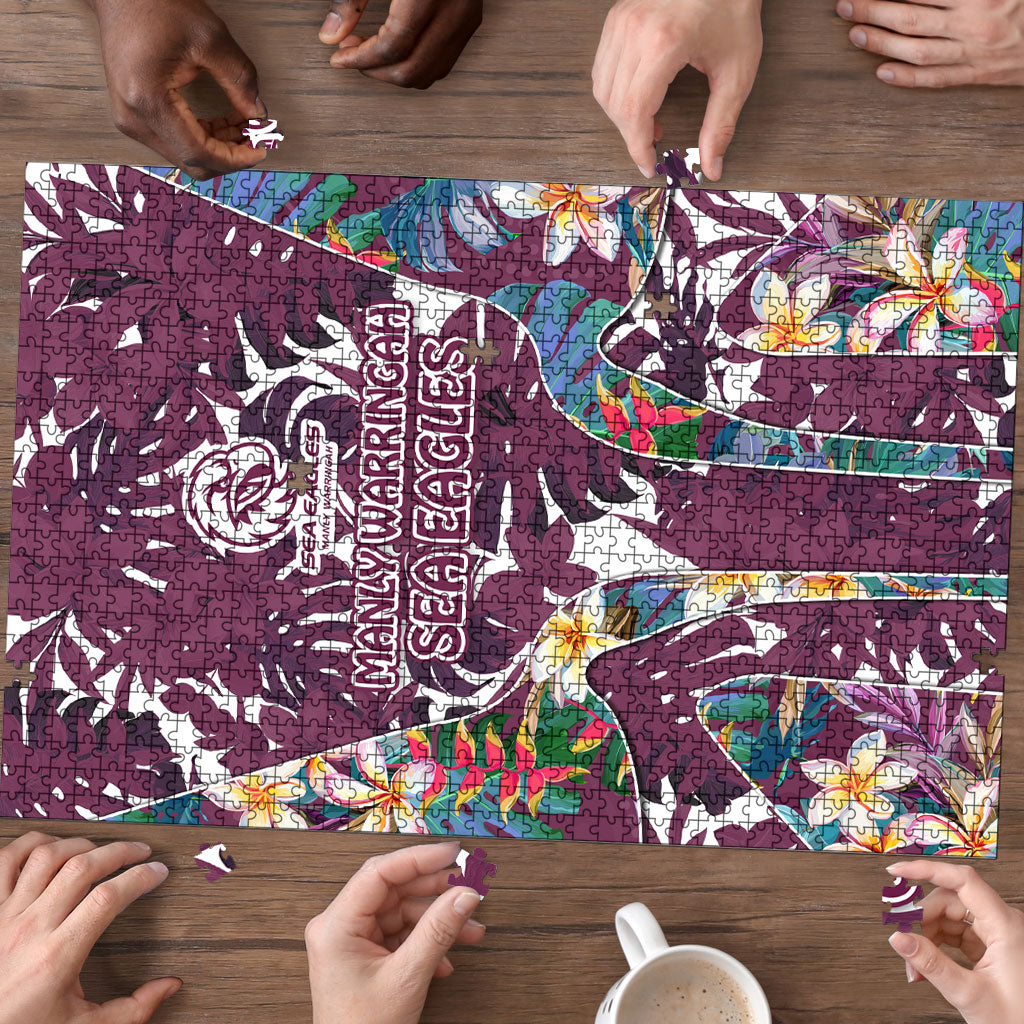 Manly Warringah Sea Eagles Puzzle Tropical Hibiscus Floral Pattern With Maroon And White Accents