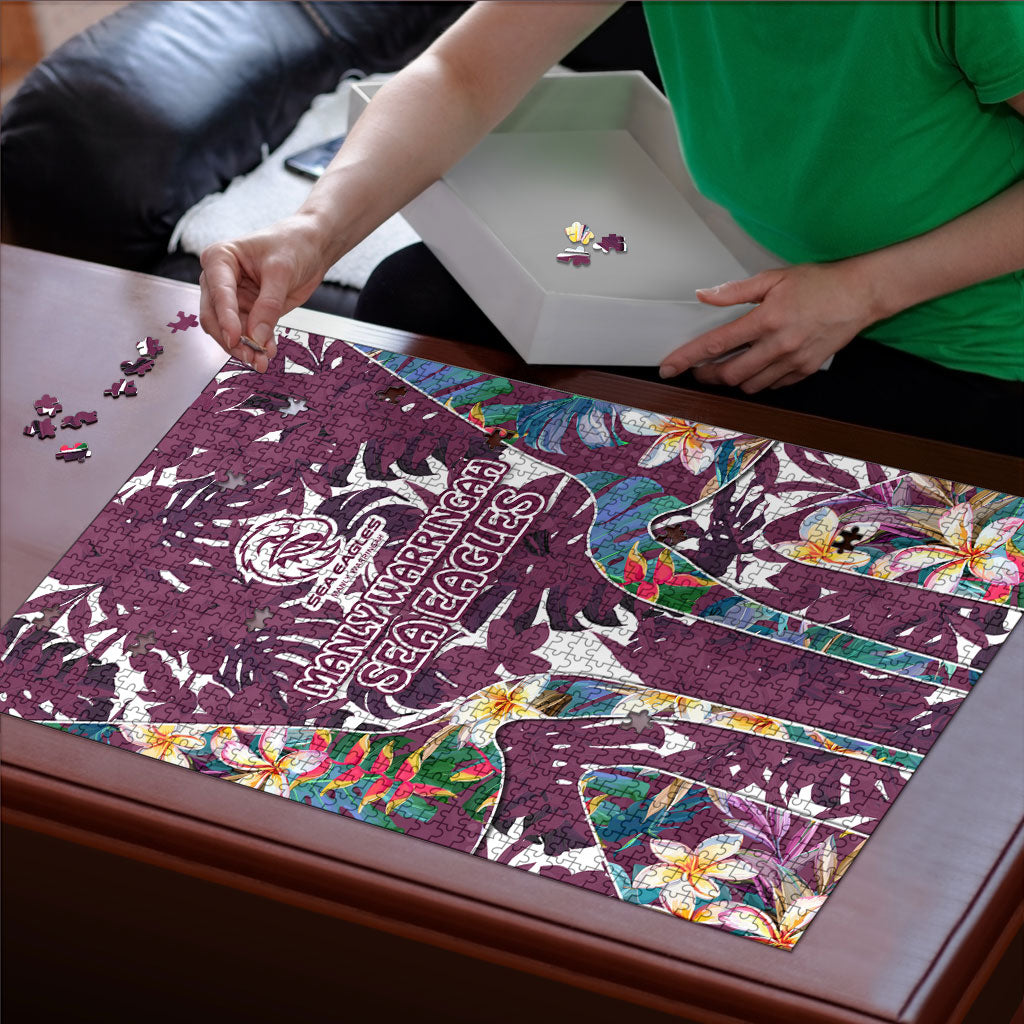 Manly Warringah Sea Eagles Puzzle Tropical Hibiscus Floral Pattern With Maroon And White Accents