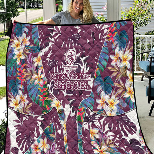 Manly Warringah Sea Eagles Quilt Tropical Hibiscus Floral Pattern With Maroon And White Accents
