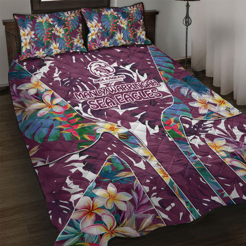 Manly Warringah Sea Eagles Quilt Bed Set Tropical Hibiscus Floral Pattern With Maroon And White Accents